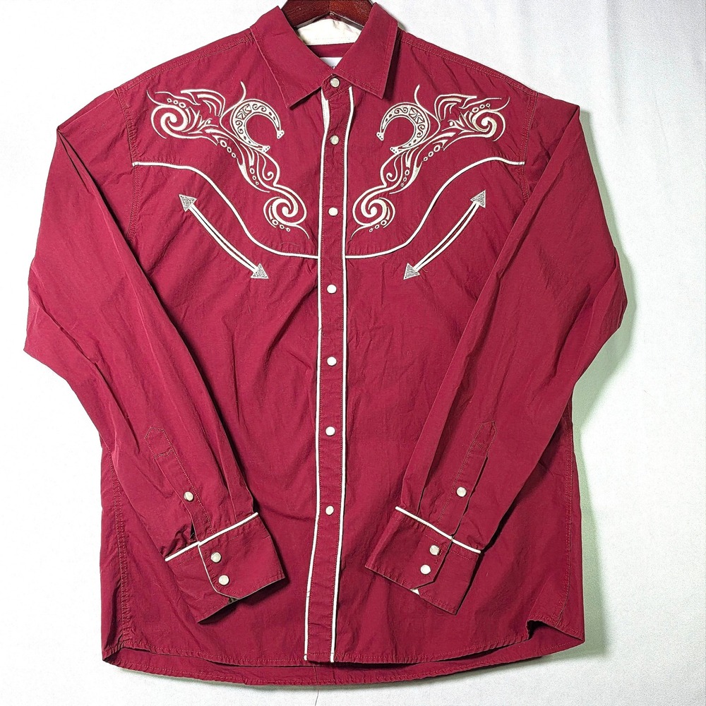 Ace of Diamond USA Mens XL Burgundy Red Embroidered Western Pearl Snap Shirt